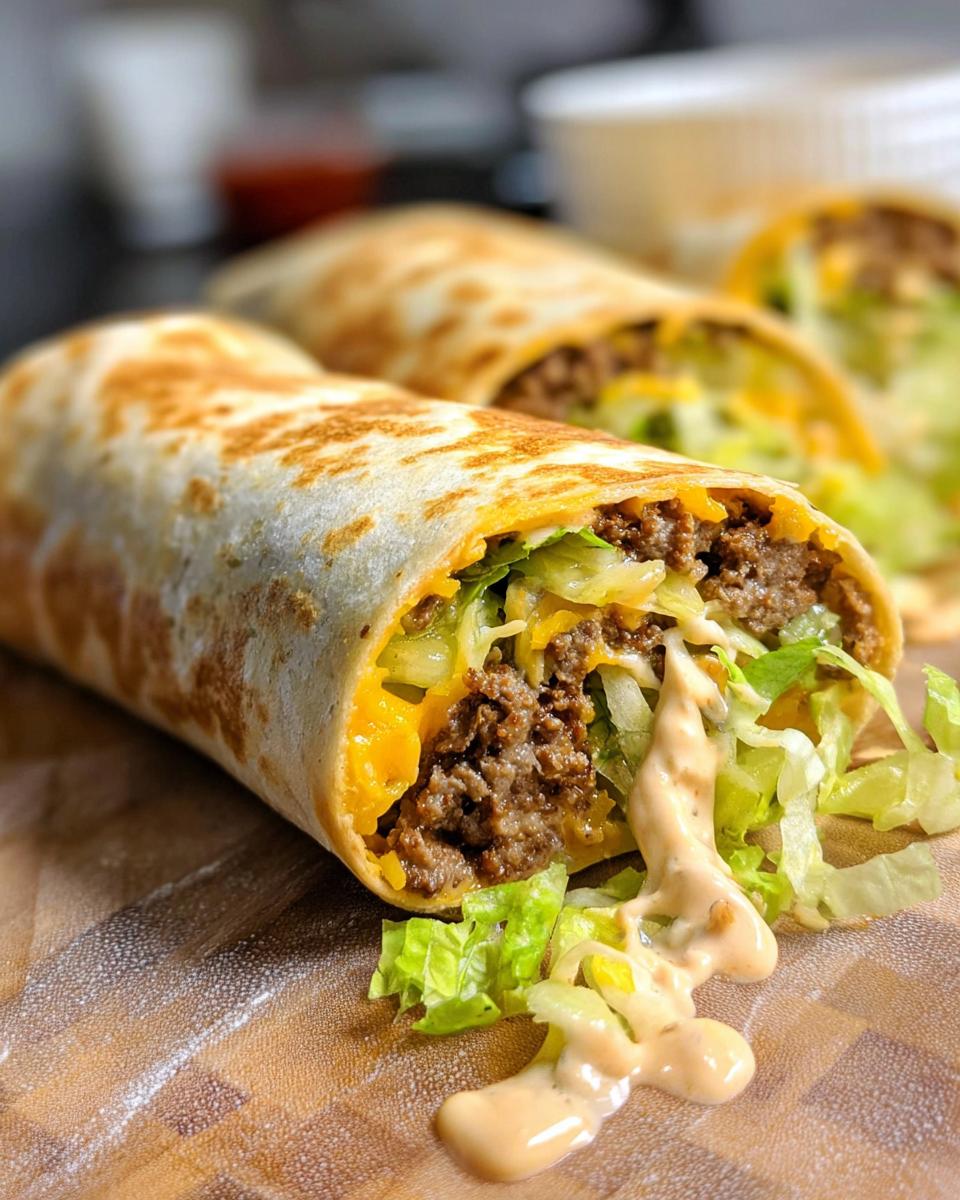 Close-up of a toasted tortilla filled with ground beef, lettuce, cheese, and special sauce for Homemade Big Mac Wraps.