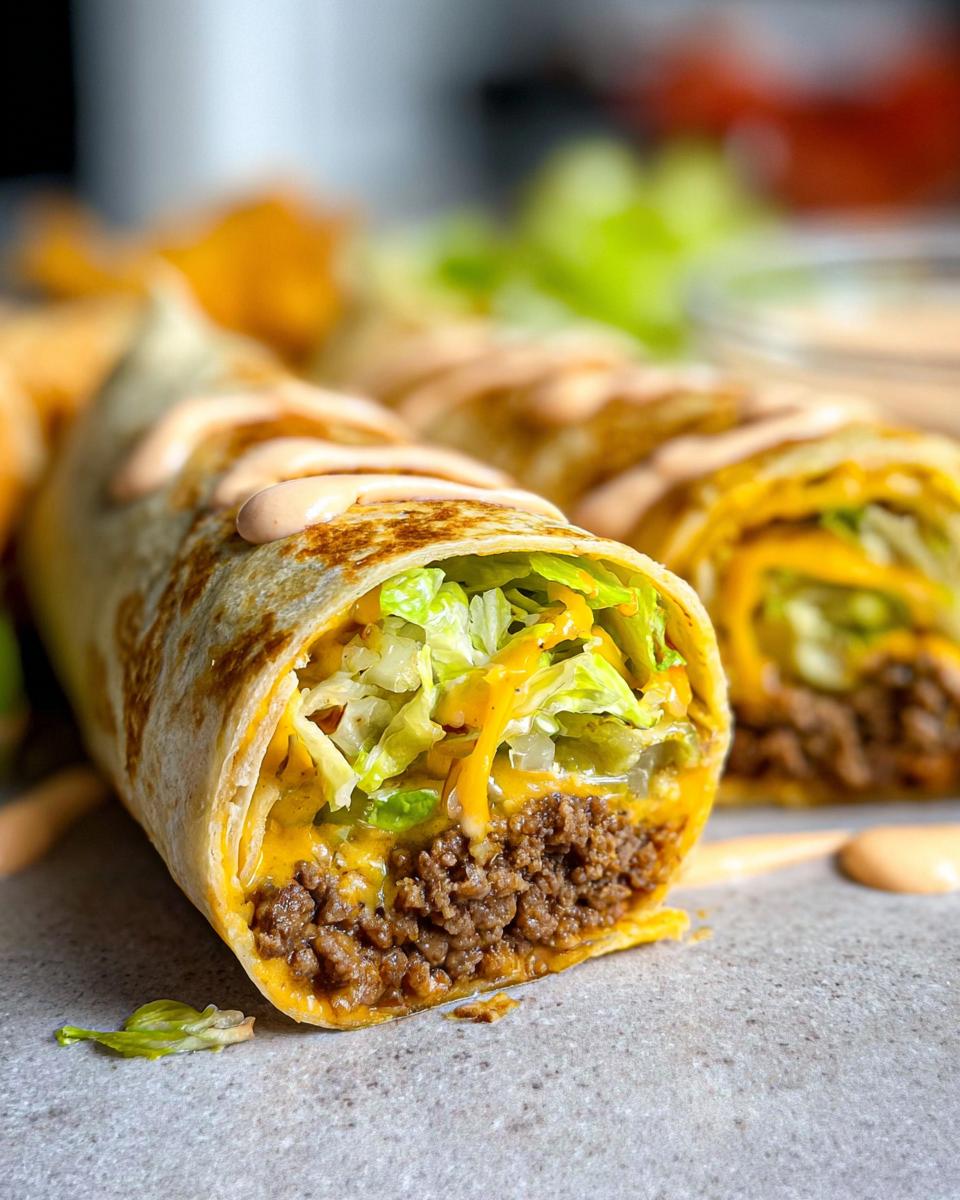 Cross-section of Homemade Big Mac Wraps showing seasoned ground beef, cheese, lettuce, and sauce.