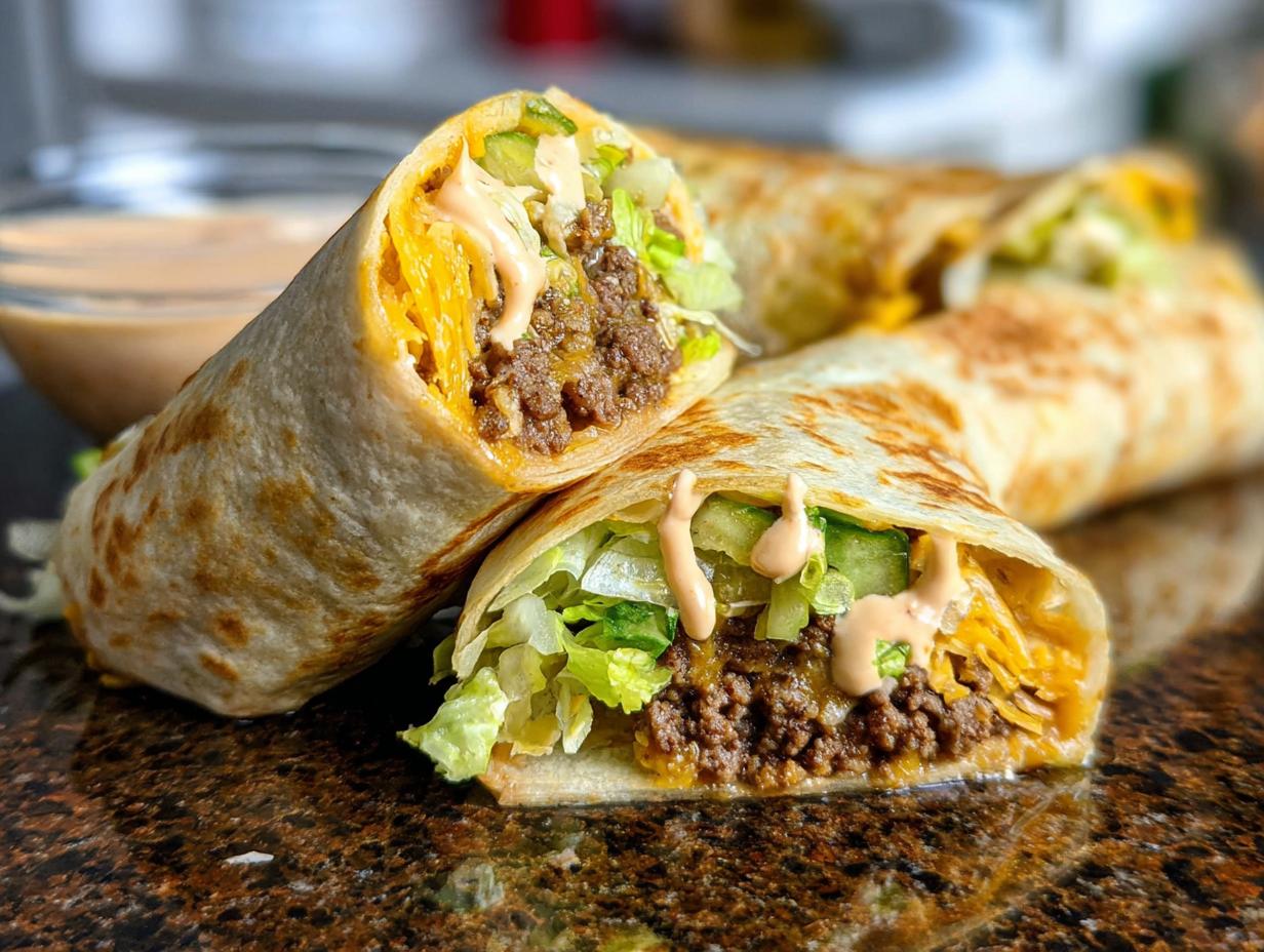 Close-up of Homemade Big Mac Wraps cut in half, showing ground beef, lettuce, cheese, pickles, and special sauce.