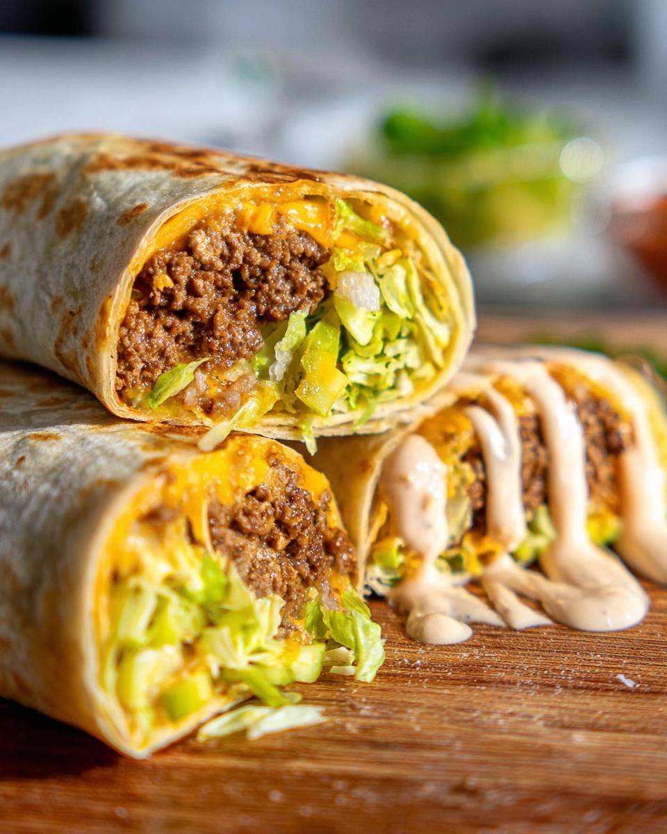 Two halves of Homemade Big Mac Wraps filled with seasoned ground beef, shredded lettuce, and cheese, drizzled with sauce.