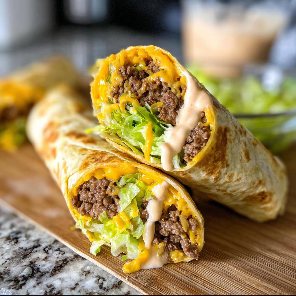 Two halves of Homemade Big Mac Wraps filled with seasoned beef, lettuce, melted cheese, and special sauce.