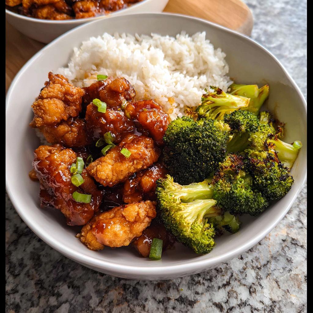 Close-up of a Honey Garlic Pork Rice Bowl featuring crispy pork pieces, white rice, and roasted broccoli.