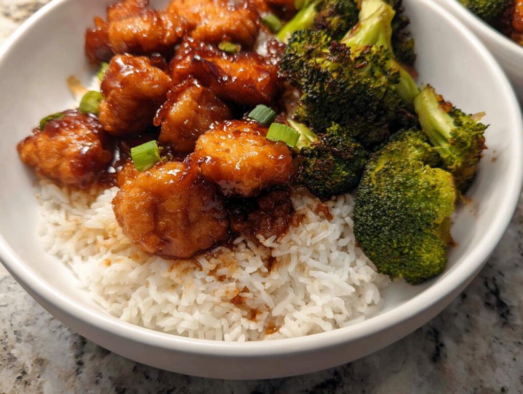 Close-up of a Honey Garlic Pork Rice Bowl featuring glazed pork, white rice, and roasted broccoli.