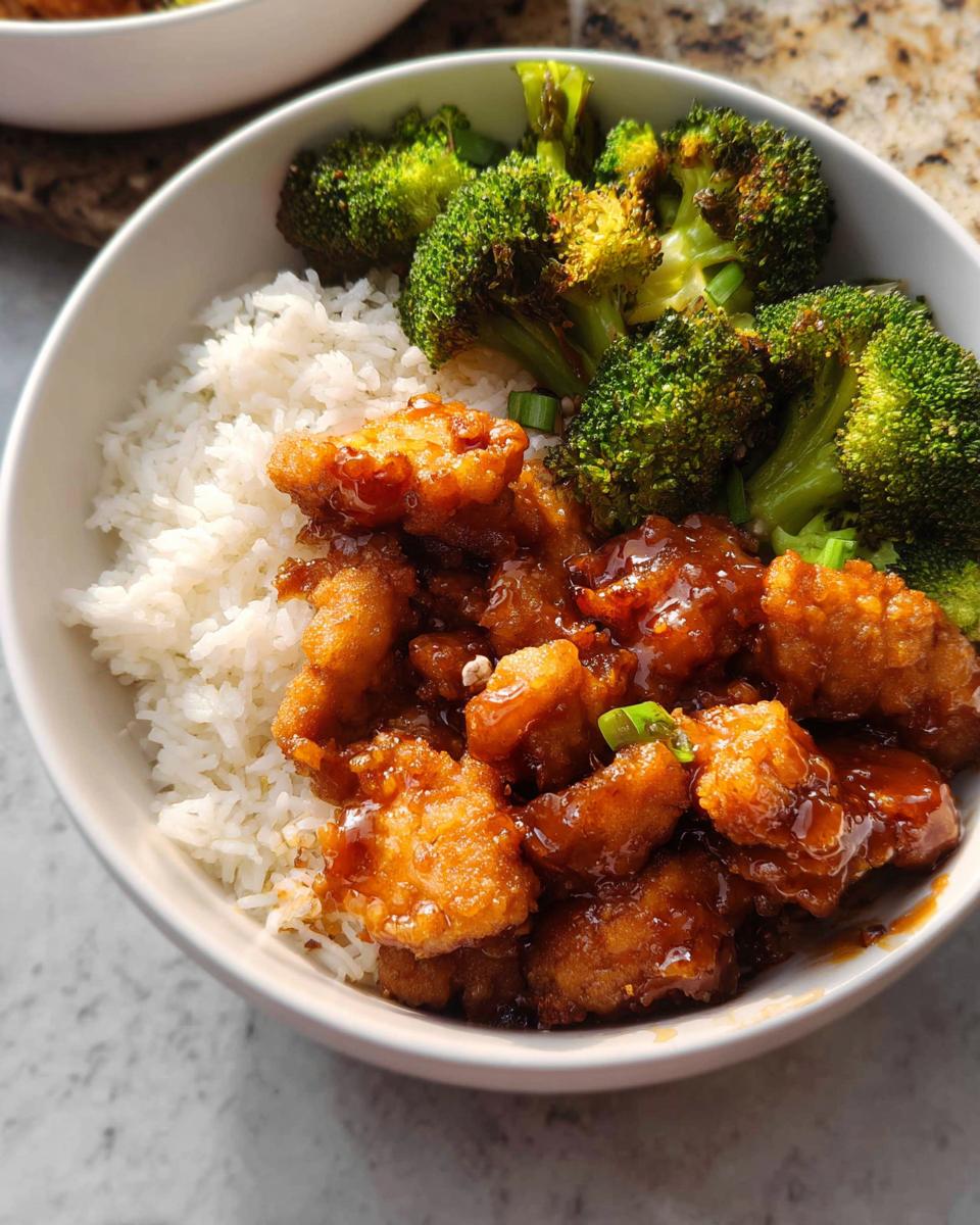 A white bowl filled with white rice, crispy glazed pork pieces, and roasted broccoli, representing a Honey Garlic Pork Rice Bowl.