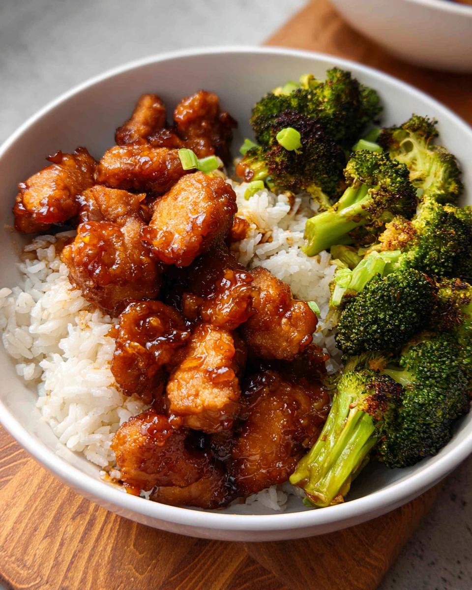 A close-up of a white bowl filled with white rice, glazed Honey Garlic Pork, and roasted broccoli florets.