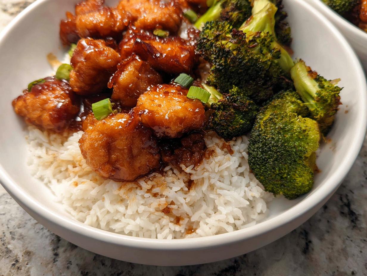 Close-up of a Honey Garlic Pork Rice Bowl featuring glazed pork, white rice, and roasted broccoli.
