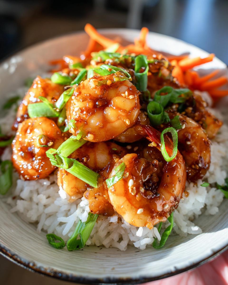 Close-up of Irresistible Honey Garlic Shrimp Bowls served over white rice and topped with green onions.