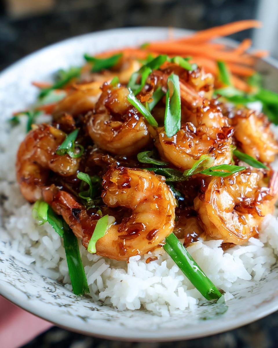 Close-up of glossy, glazed Irresistible Honey Garlic Shrimp served over white rice and topped with green onions.