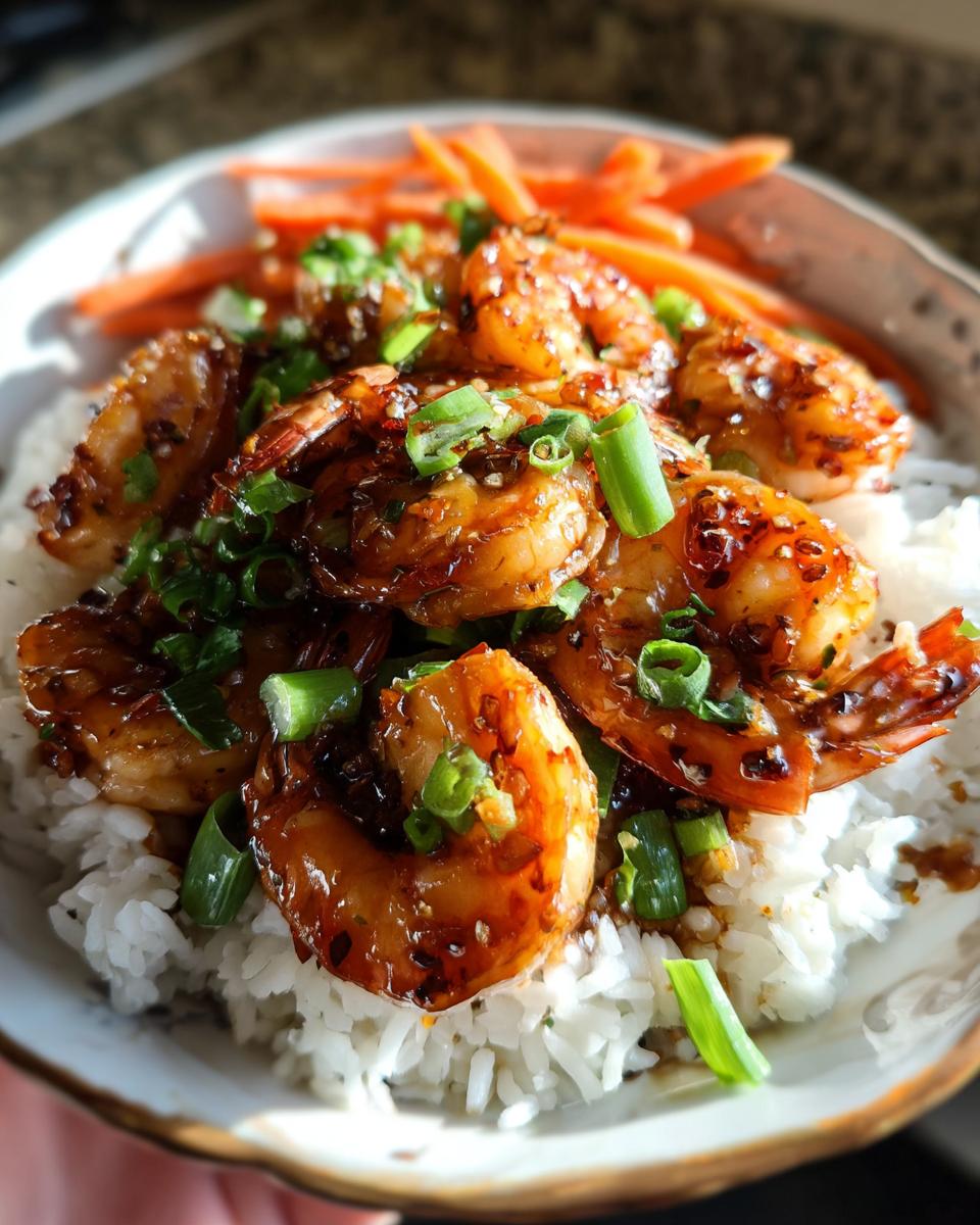 Close-up of Irresistible Honey Garlic Shrimp Bowls served over white rice and topped with green onions.