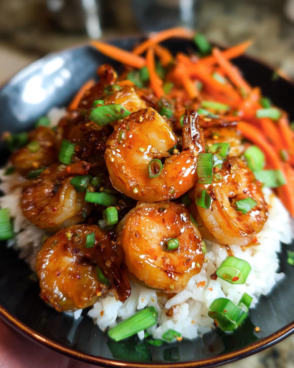 Close-up of Irresistible Honey Garlic Shrimp Bowls featuring glazed shrimp over white rice and shredded carrots.