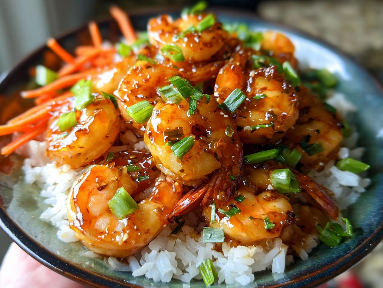 Close-up of Irresistible Honey Garlic Shrimp Bowls featuring glazed shrimp over white rice, topped with green onions.