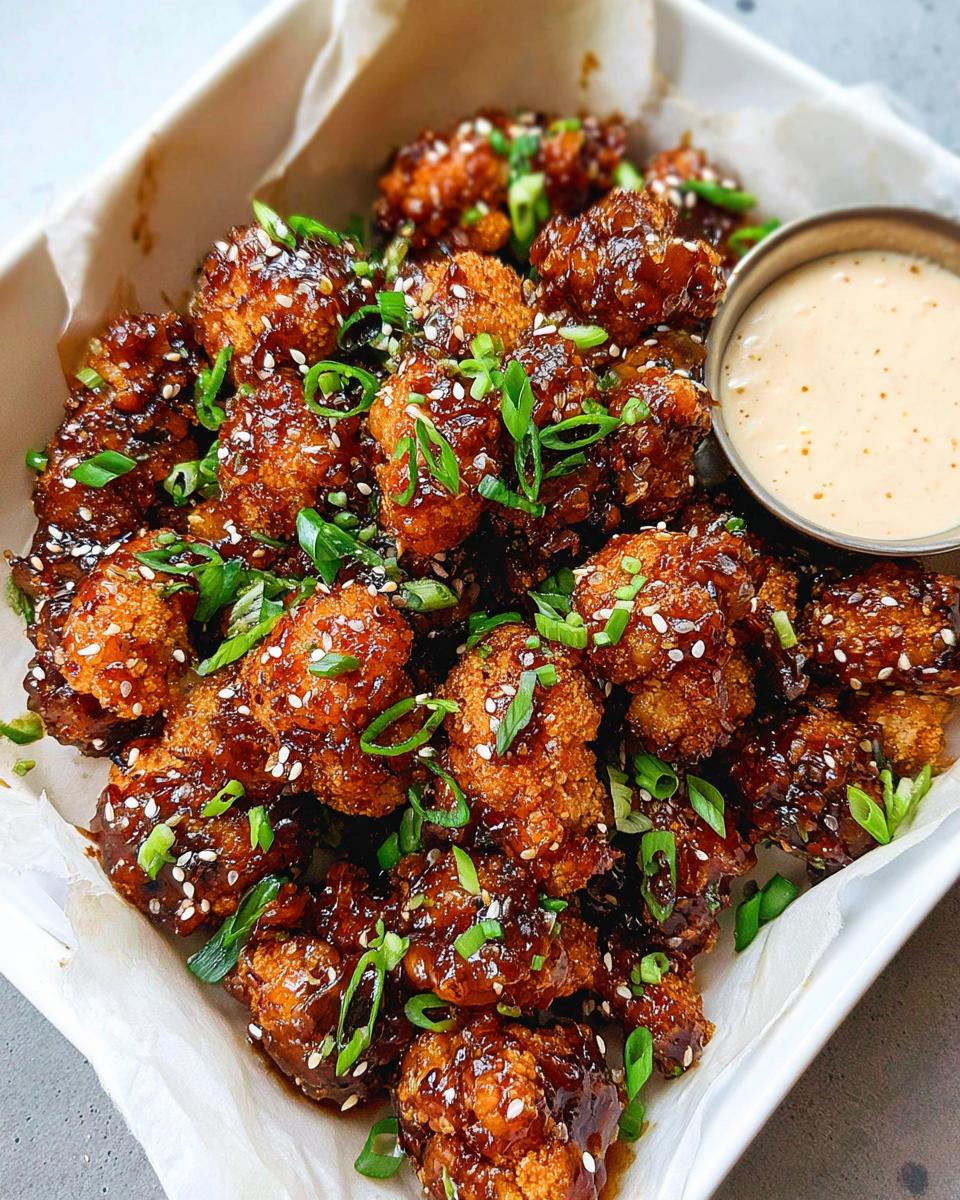 Close-up of Irresistible Sticky Honey Garlic Cauliflower Recipe bites coated in sauce, topped with sesame seeds and green onions.