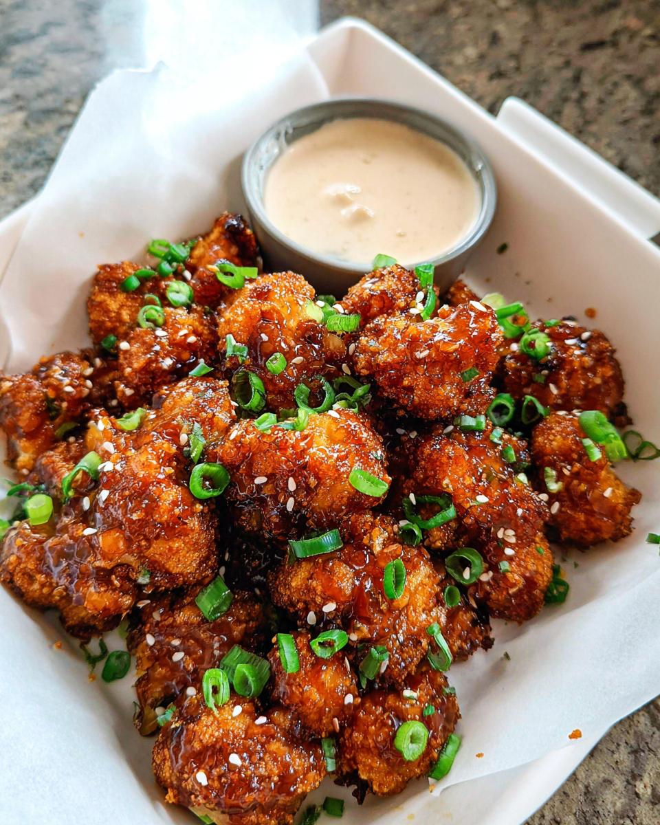 A close-up of crispy Irresistible Sticky Honey Garlic Cauliflower Recipe pieces topped with green onions and sesame seeds.