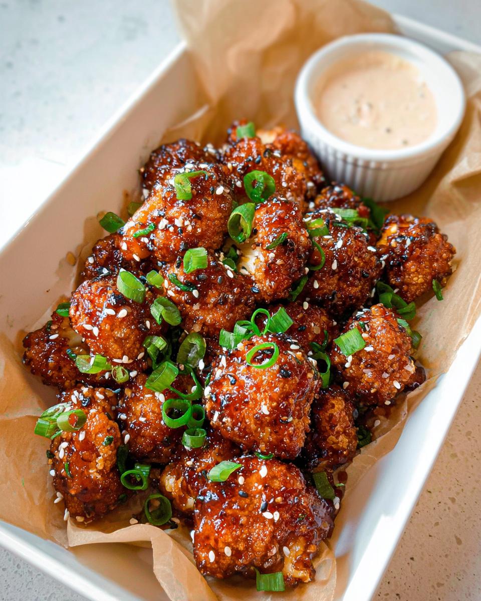 A serving of Irresistible Sticky Honey Garlic Cauliflower Recipe, glazed and topped with sesame seeds and green onions.