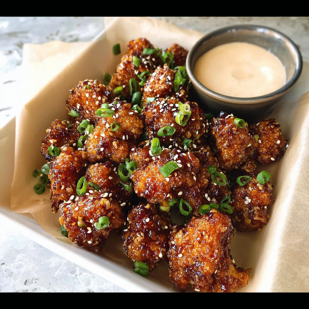 Close-up of Irresistible Sticky Honey Garlic Cauliflower Recipe pieces coated in glaze, sprinkled with sesame seeds and green onions.
