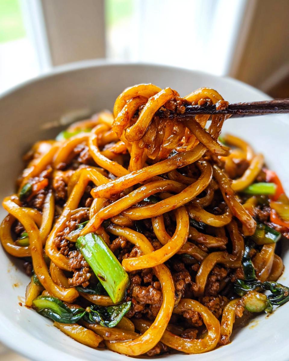 Close-up of thick, glossy noodles being lifted from a bowl of Irresistible Yaki Udon Noodle Recipe with chopsticks.