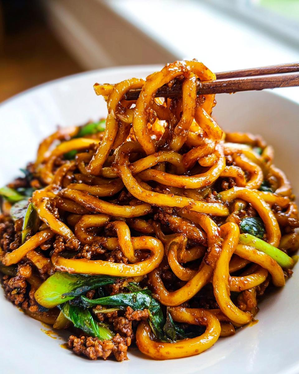 Close-up of thick, glossy noodles being lifted from a bowl of Irresistible Yaki Udon Noodle Recipe with chopsticks.