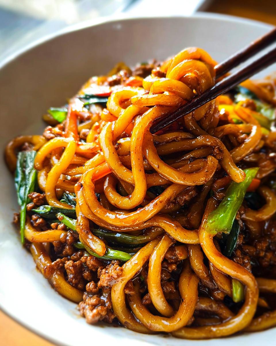 Close-up of thick, glossy noodles being lifted by chopsticks from a bowl of Irresistible Yaki Udon Noodle Recipe with ground meat and greens.