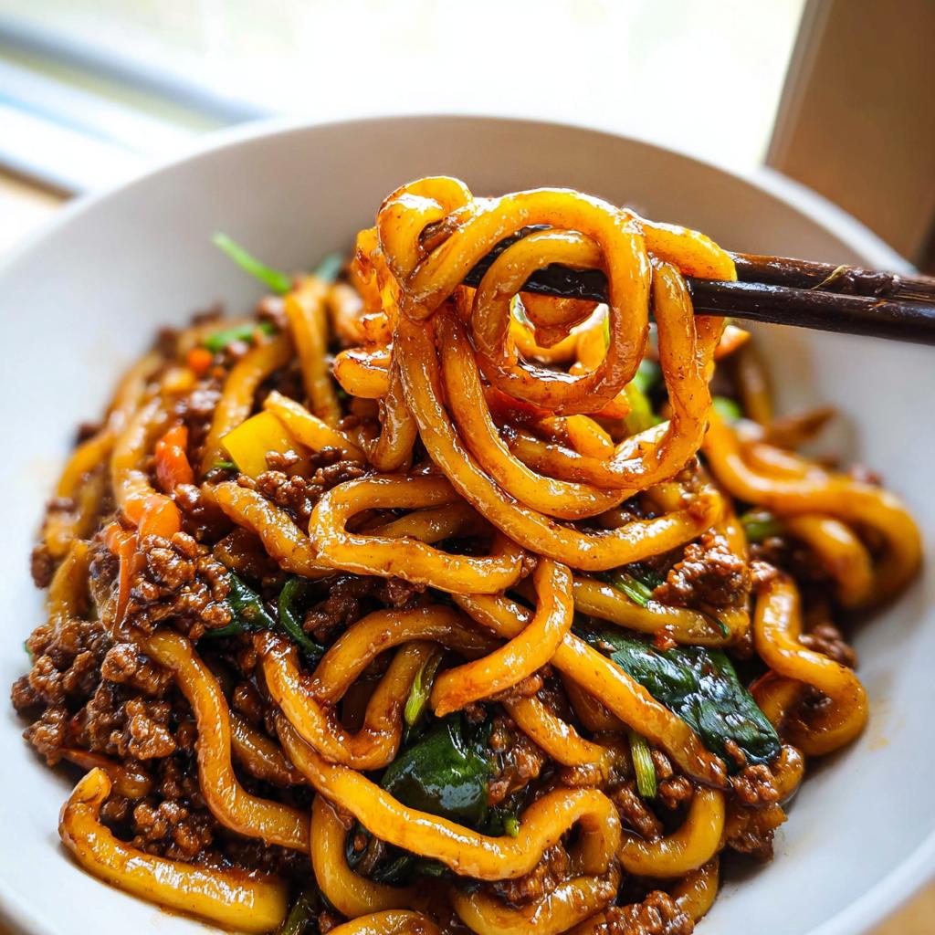 Chopsticks lifting glossy, thick noodles from a bowl of Irresistible Yaki Udon Noodle Recipe with ground meat and greens.
