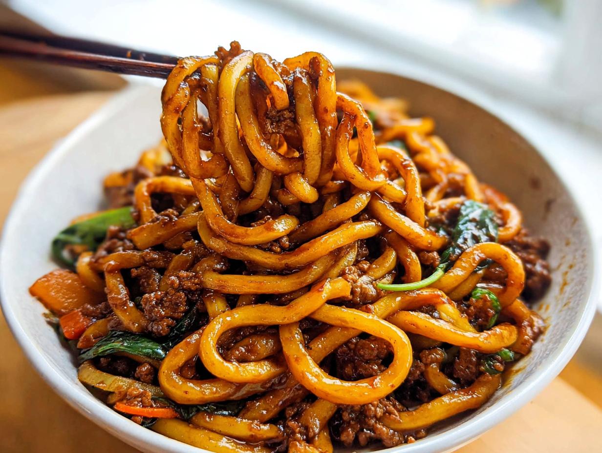 Chopsticks lifting thick, glossy noodles from a bowl of Irresistible Yaki Udon Noodle Recipe with ground meat and greens.