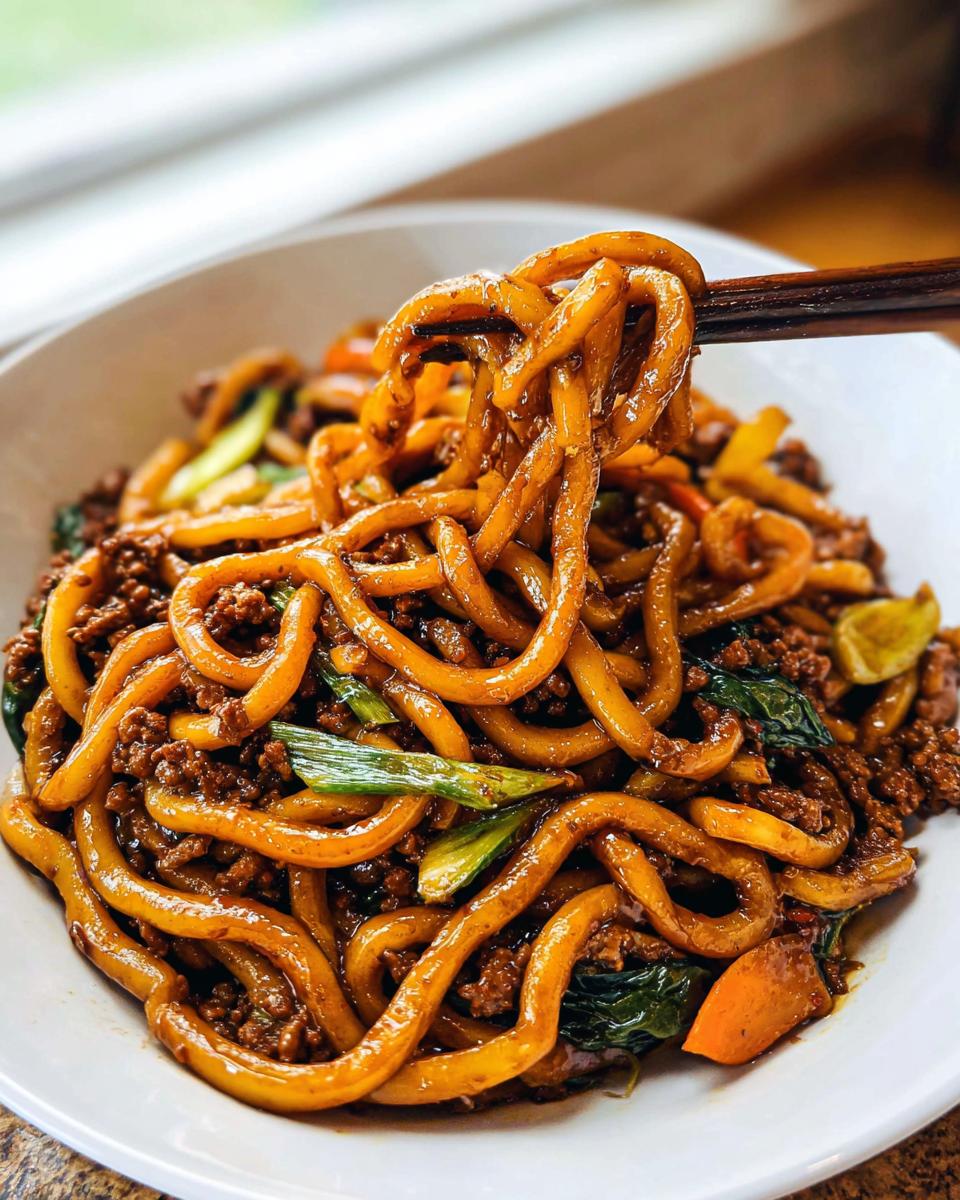 Chopsticks lifting thick, saucy noodles from a bowl of Irresistible Yaki Udon Noodle Recipe mixed with ground meat and green onions.