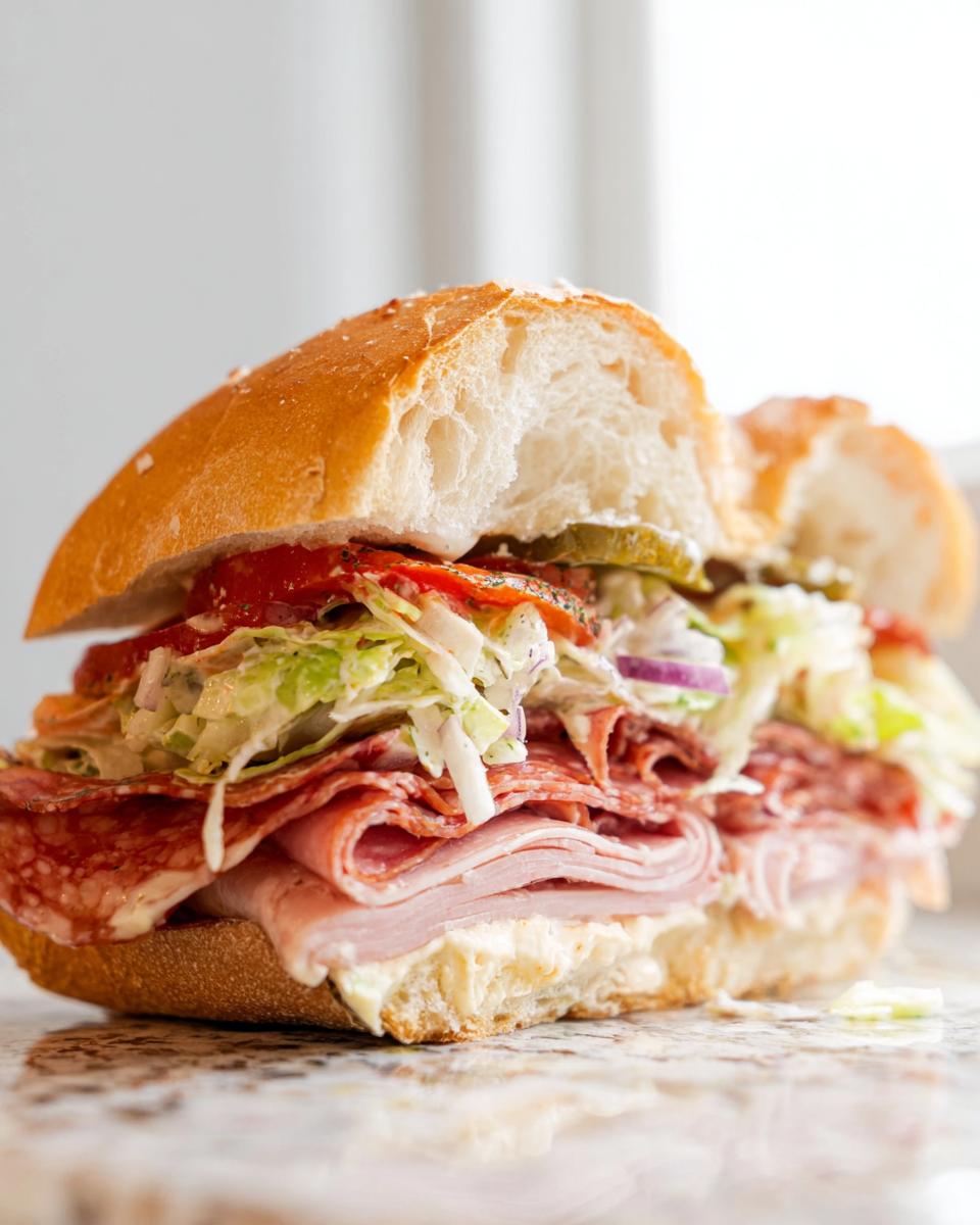 A cross-section of a fully loaded Italian Grinder Salad Sandwich showing layers of cold cuts, lettuce mix, and pickles on a crusty roll.