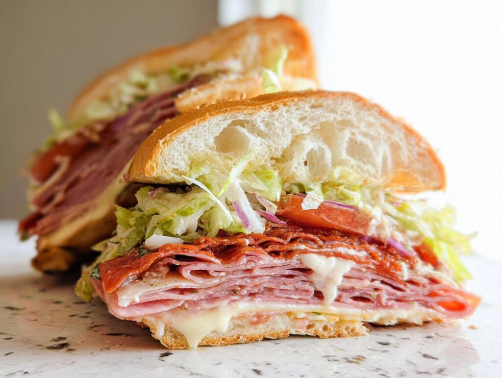 Cross-section of a loaded Italian Grinder Salad Sandwich showing layers of deli meats, melted cheese, shredded lettuce, and tomato.