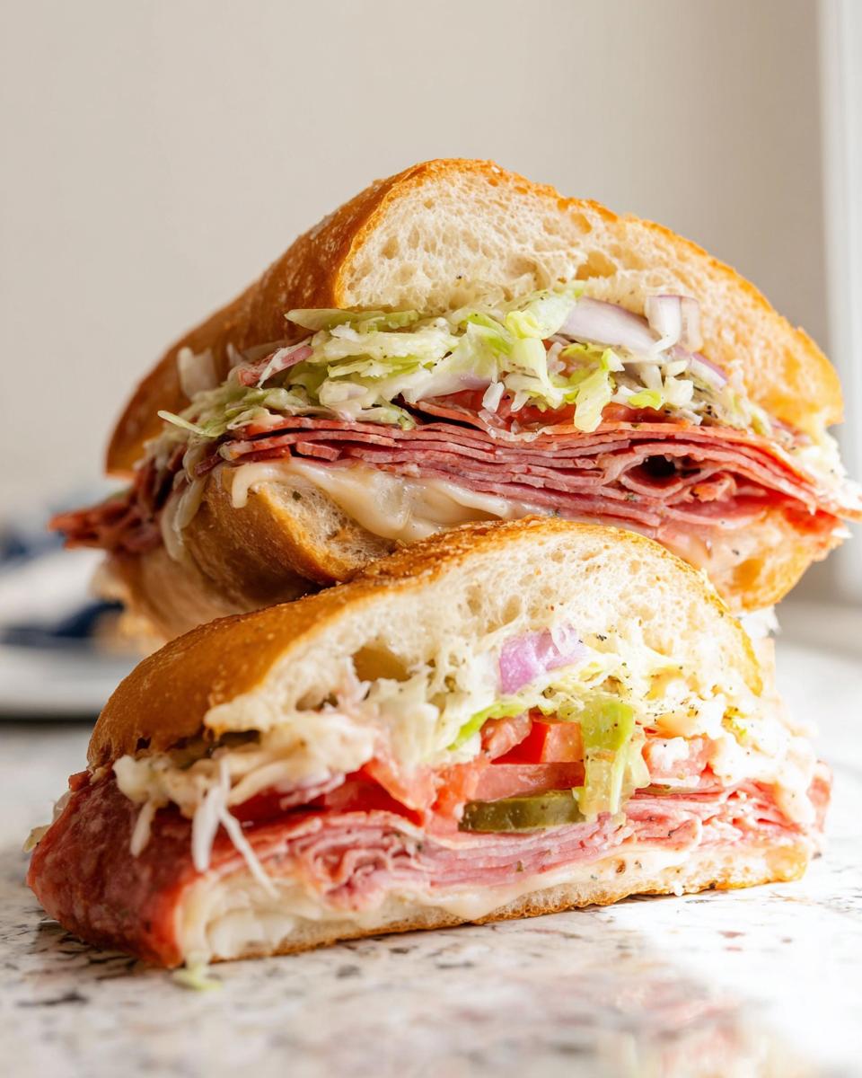 A cross-section view of a stacked Italian Grinder Salad Sandwich cut in half, showing layers of meat, cheese, and shredded salad.
