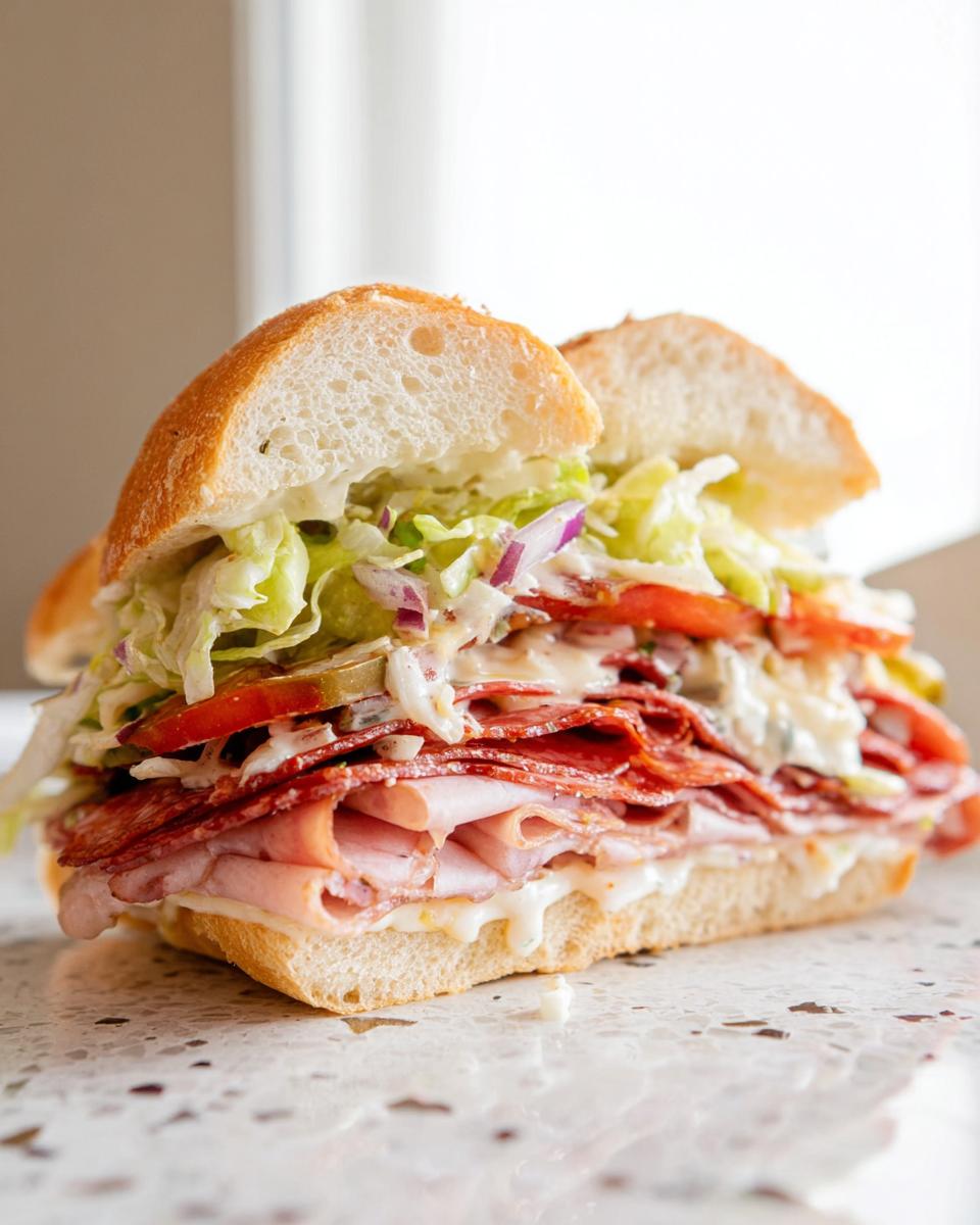 A cross-section view of a fully loaded Italian Grinder Salad Sandwich piled high with meats, lettuce, tomatoes, and dressing.