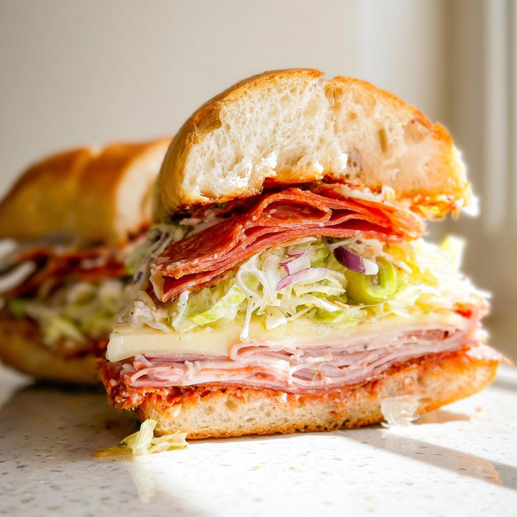 A delicious cross-section view of an Italian Grinder Salad Sandwich showing layers of cured meats, cheese, and shredded lettuce.