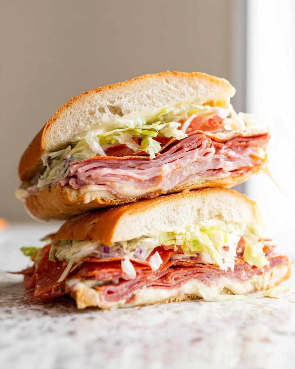 Two halves of a stacked Italian Grinder Salad Sandwich overflowing with deli meats, cheese, and shredded lettuce.
