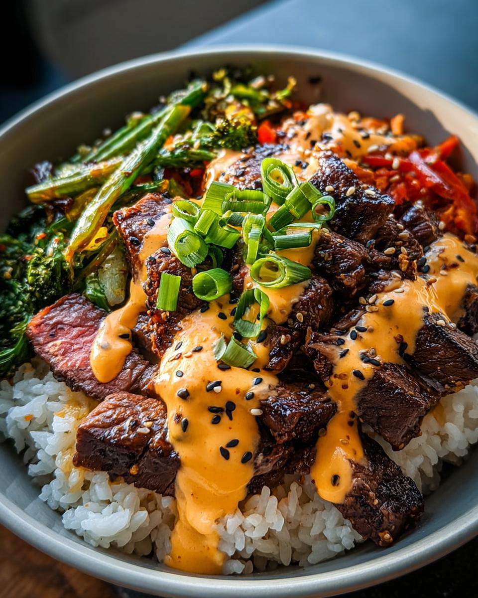 Close-up of Korean BBQ Steak Rice Bowls featuring marinated steak, white rice, vegetables, and spicy cream sauce.