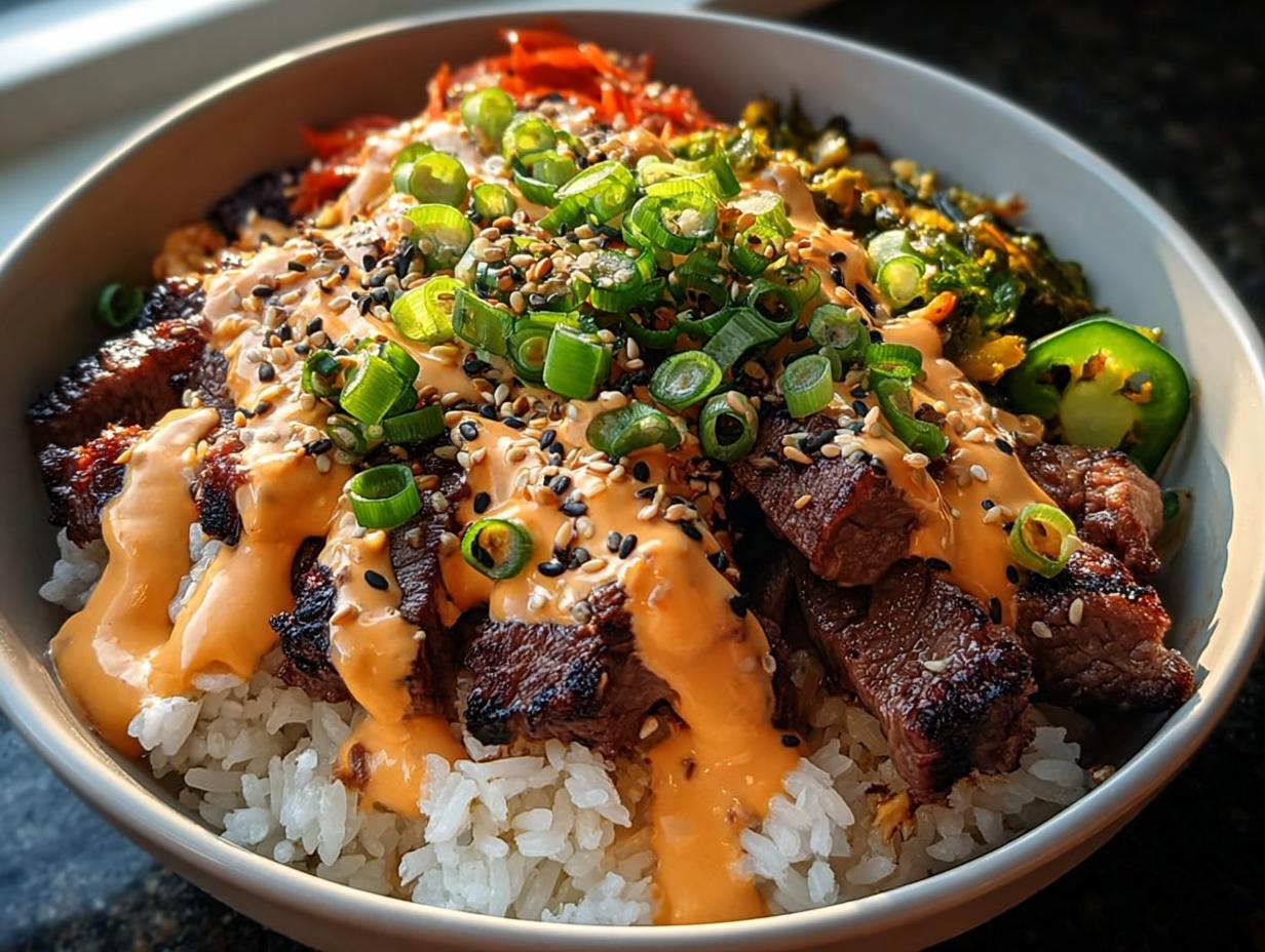 Close-up of Korean BBQ Steak Rice Bowls topped with spicy cream sauce, scallions, and sesame seeds.