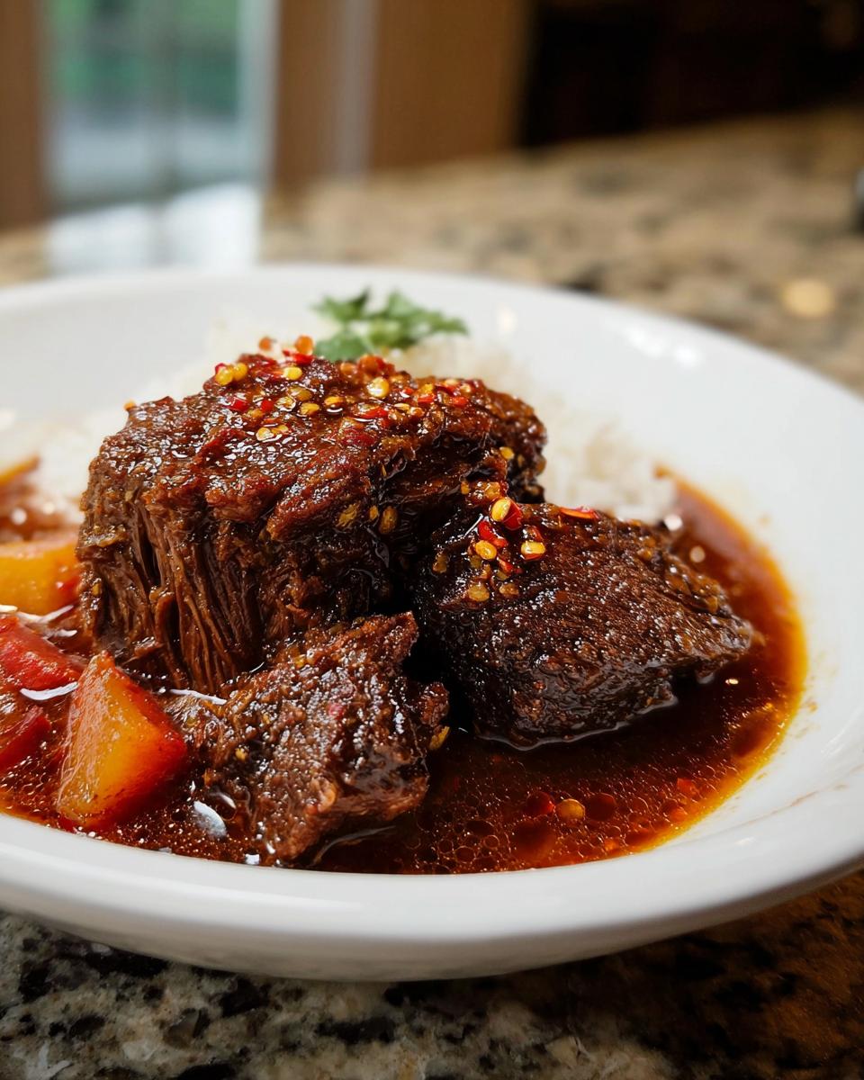 Close-up of tender chunks of Korean Style Pot Roast served over white rice with rich sauce and chili flakes.