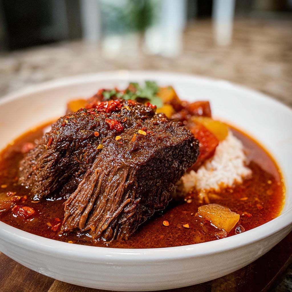 Close-up of tender Korean Style Pot Roast served over rice in a rich, dark red sauce, topped with chili flakes.
