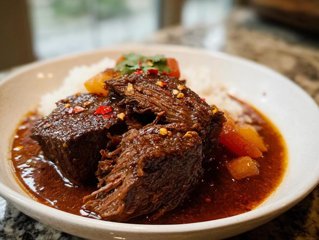 Close-up of tender Korean Style Pot Roast pieces covered in rich, dark sauce served over white rice.