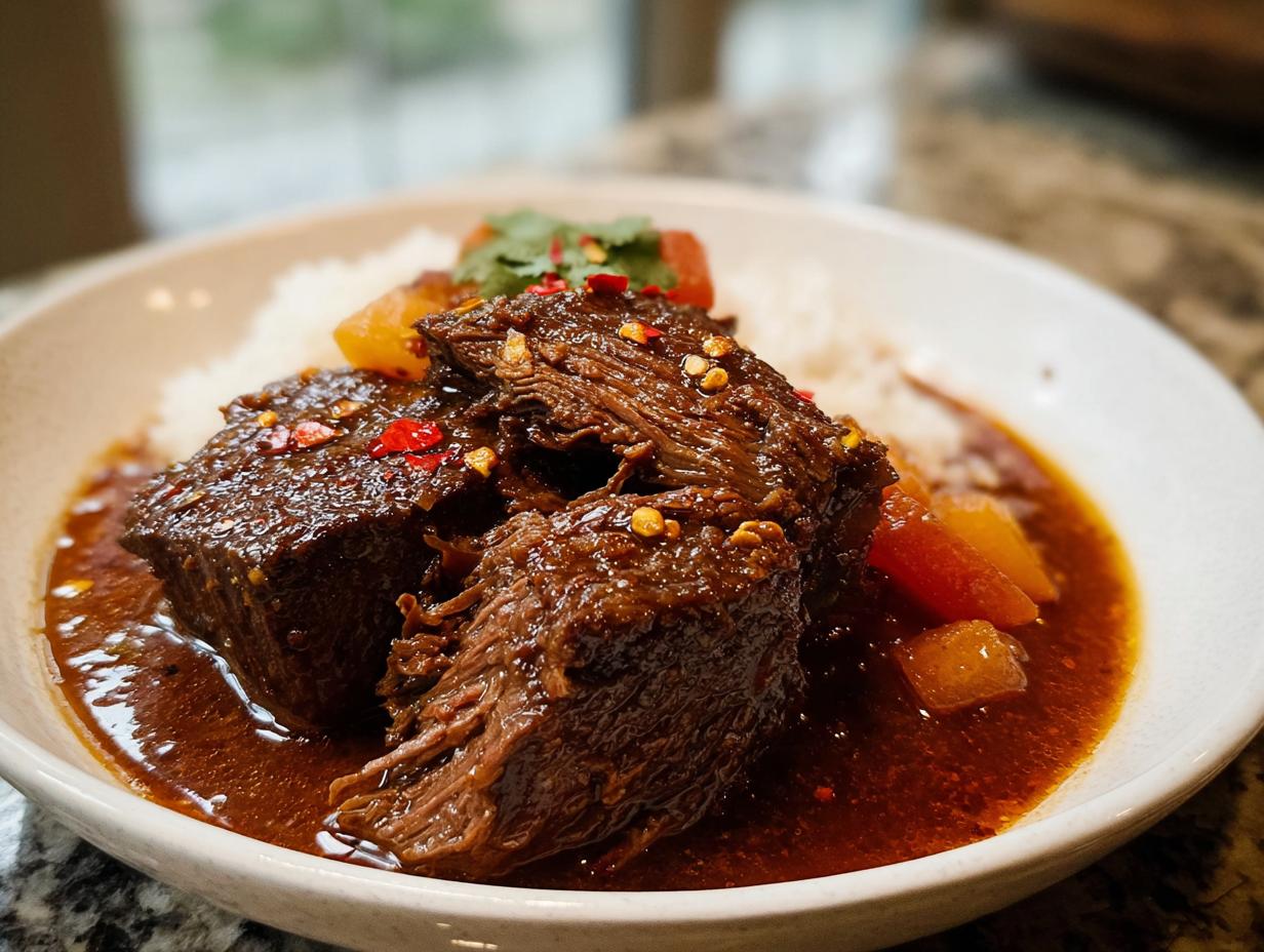 Close-up of tender Korean Style Pot Roast pieces covered in rich, dark sauce served over white rice.