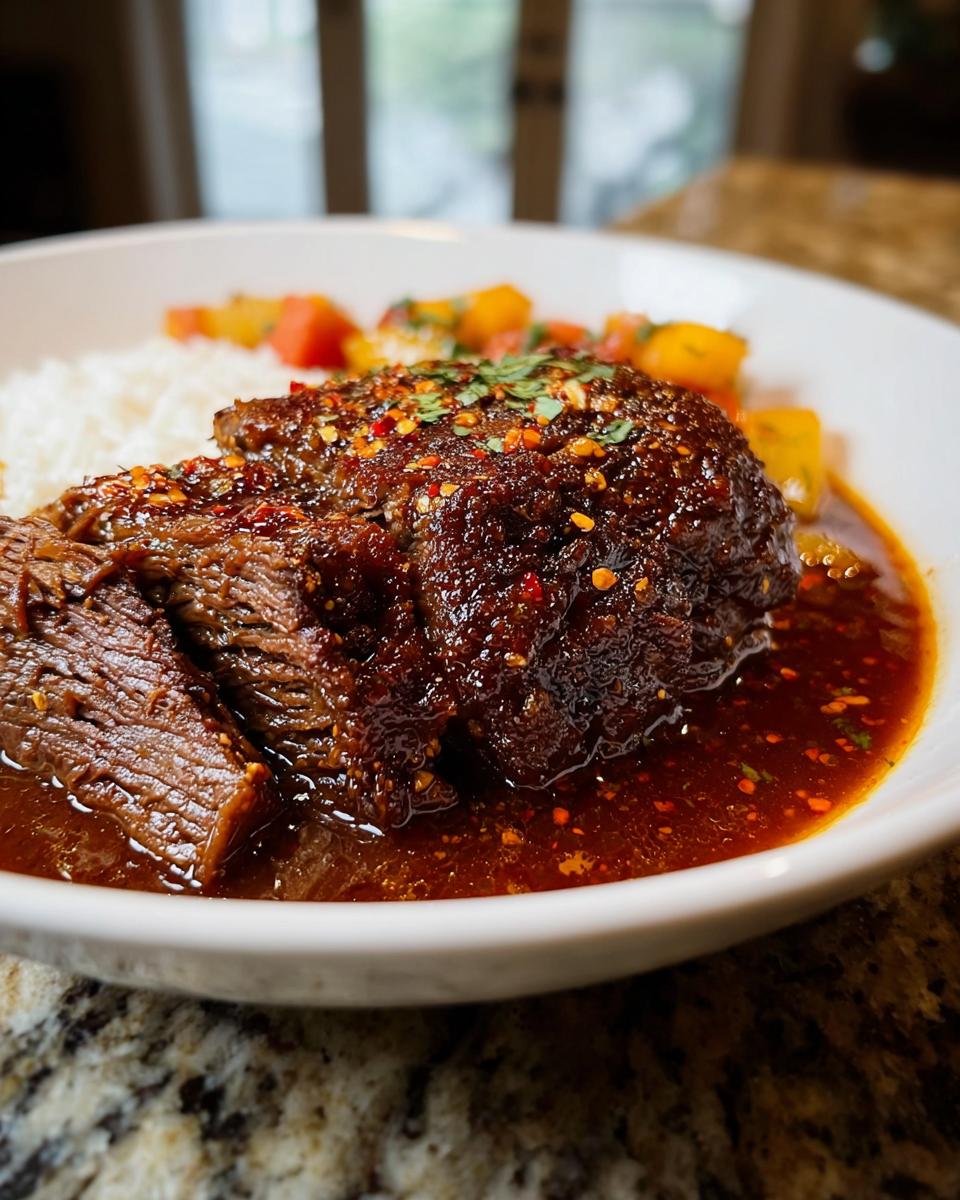 Close-up of tender Korean Style Pot Roast covered in a rich, dark sauce and chili flakes, served with white rice.