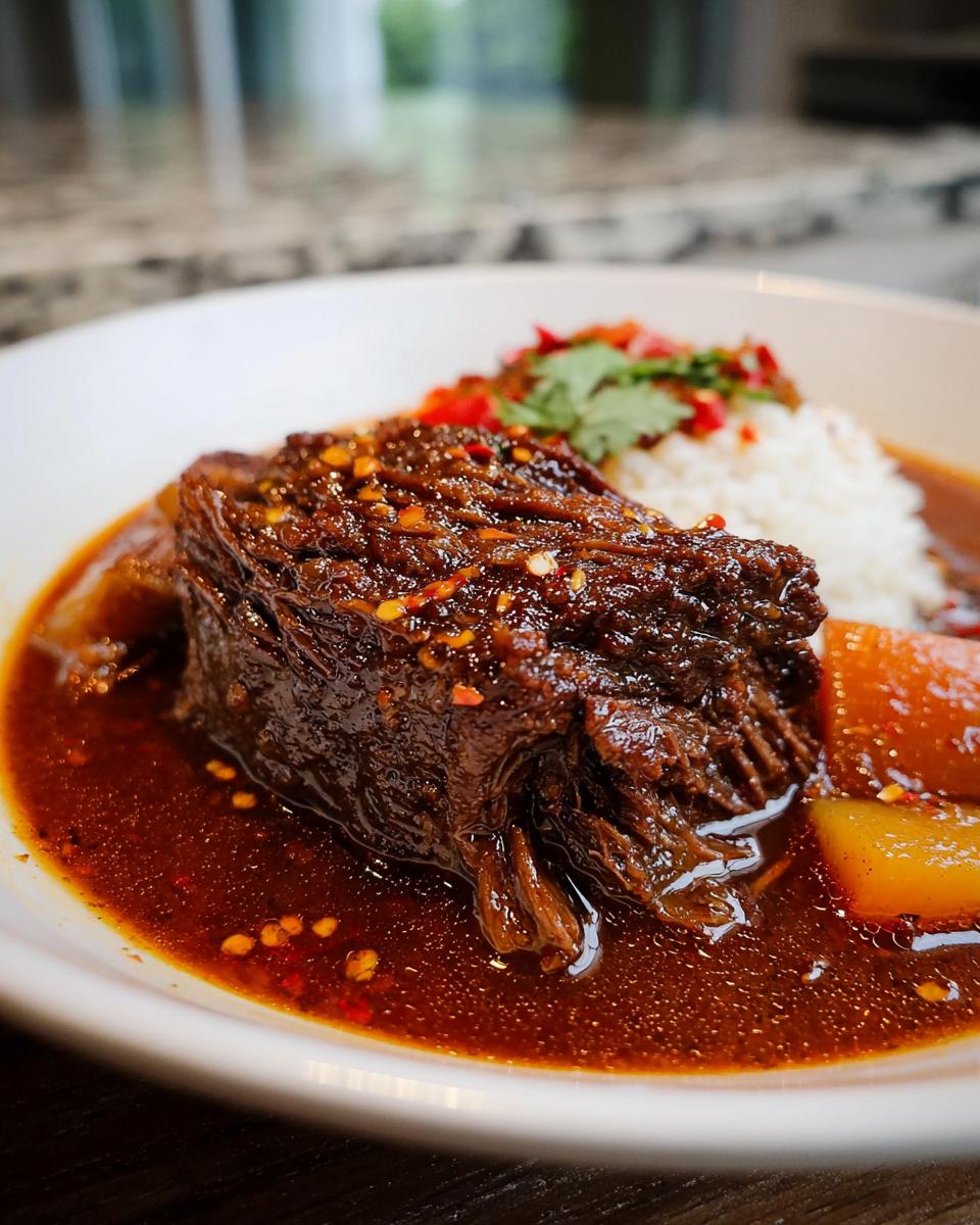 A close-up of tender Korean Style Pot Roast served in a rich, dark red sauce with white rice and chili garnish.