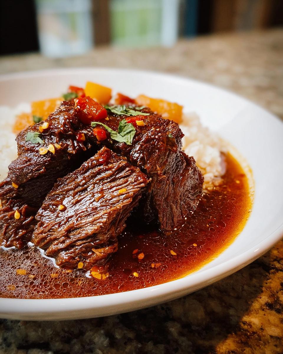 Close-up of tender Korean Style Pot Roast pieces served over white rice with rich sauce and chili flakes.