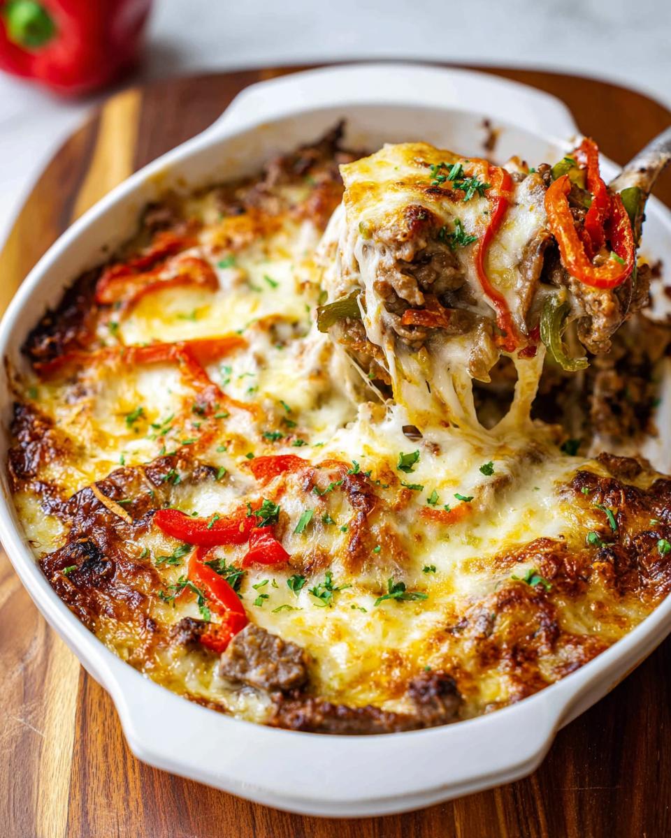 A spoonful of cheesy Low Carb Philly Cheesesteak Casserole being lifted from a white baking dish, showing melted cheese pull.