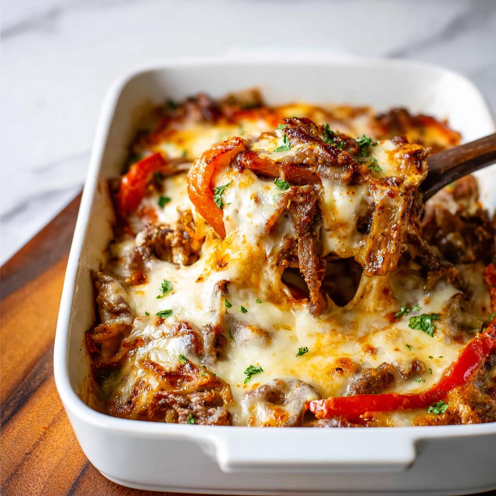A wooden spoon lifting a cheesy, saucy scoop from a Low Carb Philly Cheesesteak Casserole in a white dish.