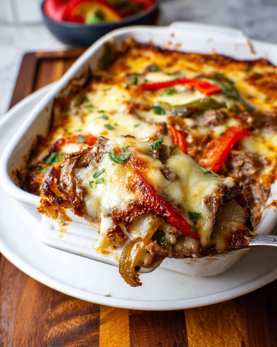 A spoonful of cheesy Low Carb Philly Cheesesteak Casserole being lifted from a white baking dish.