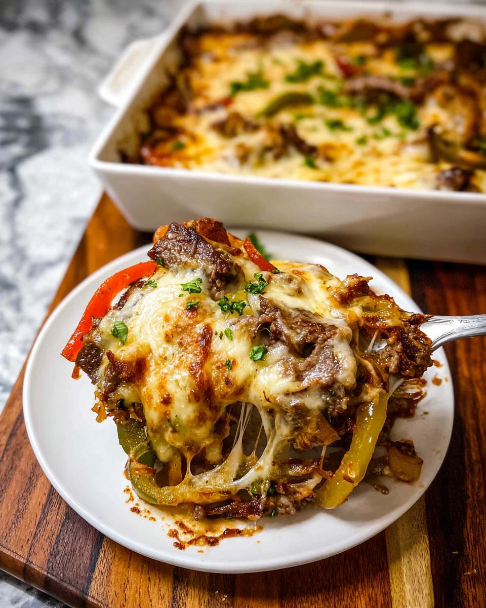 A serving of Low Carb Philly Cheesesteak Casserole lifted by a fork, showing melted, gooey cheese and steak.
