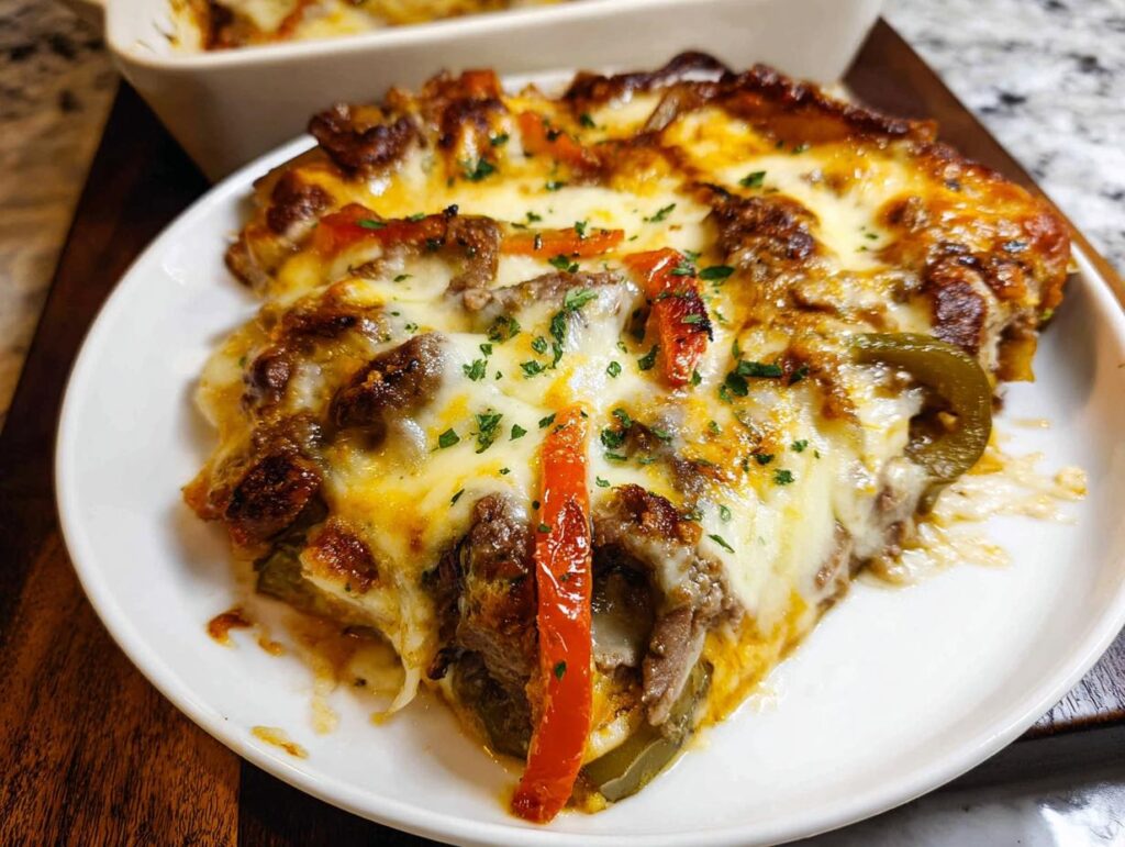 A generous slice of Low Carb Philly Cheesesteak Casserole topped with melted cheese, steak, and peppers.