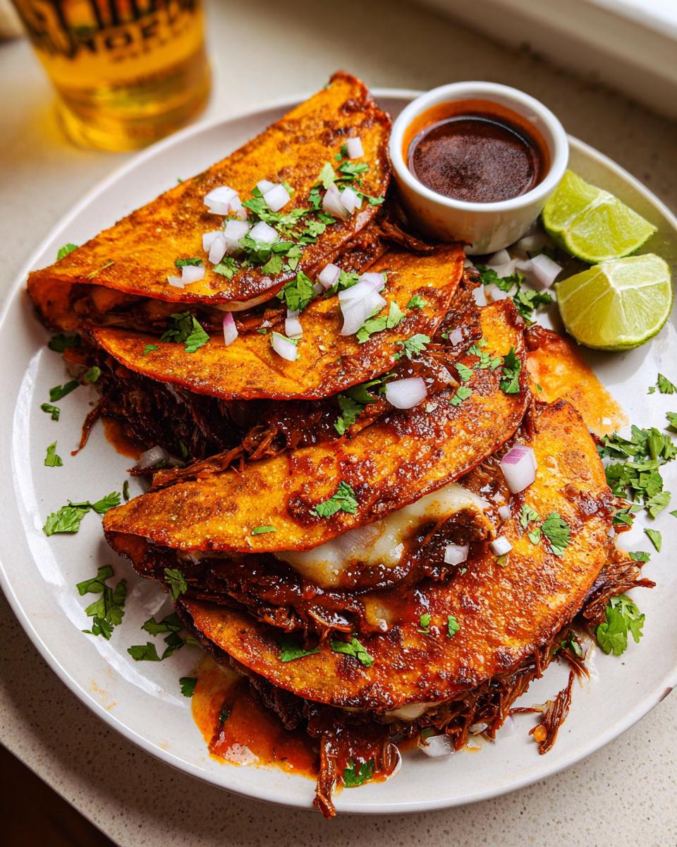 A plate featuring several crispy, red-dipped My Fave Birria Tacos topped with onions and cilantro, served with consommé and lime wedges.
