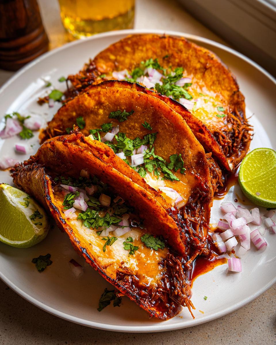 Three crispy, dipped My Fave Birria Tacos filled with shredded meat, topped with diced onion and cilantro, served with lime wedges.