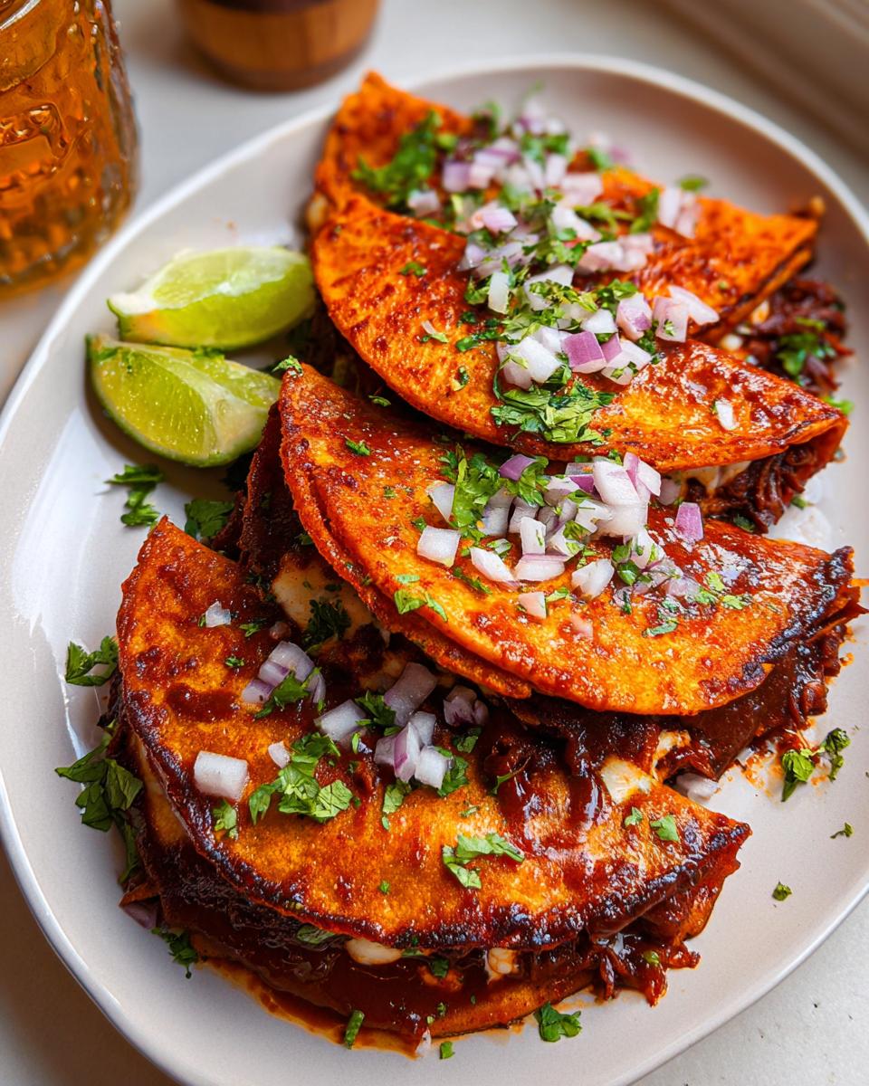 A plate featuring three crispy, red-dipped My Fave Birria Tacos topped with diced onion and cilantro, served with lime wedges.