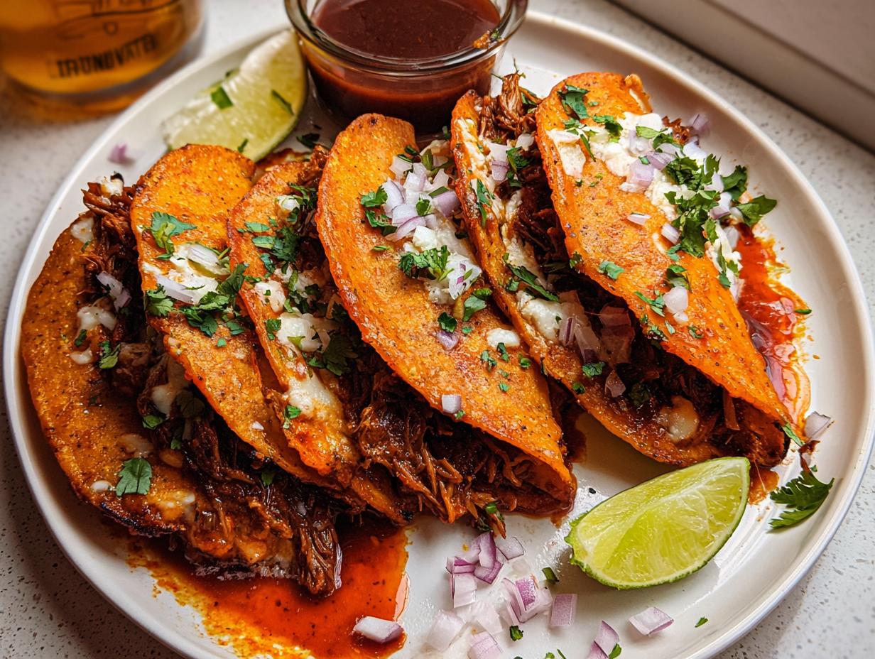 A plate featuring four crispy, red-orange My Fave Birria Tacos topped with cheese, onions, and cilantro, served with lime and consommé.