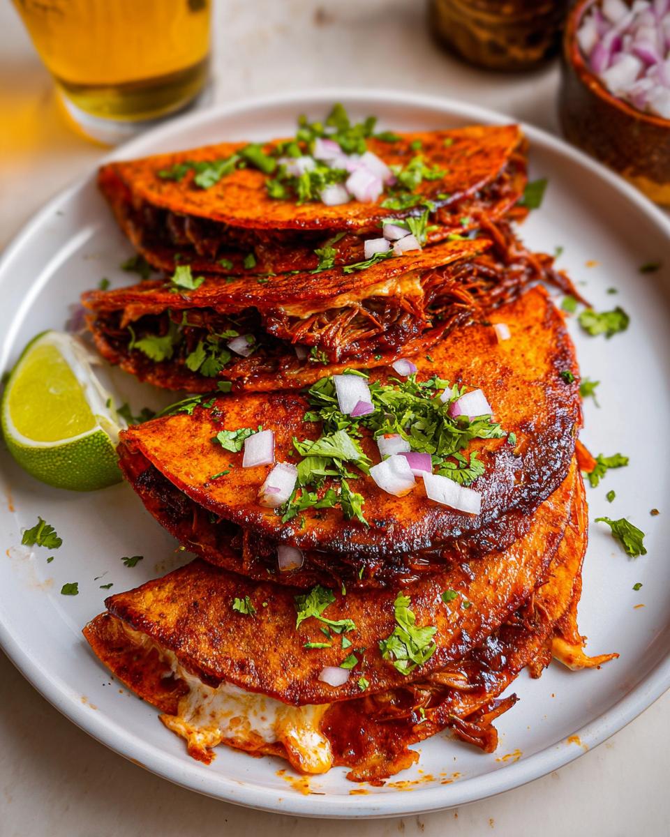 A stack of crispy, red-sauced My Fave Birria Tacos topped with cilantro and diced red onion, served with a lime wedge.